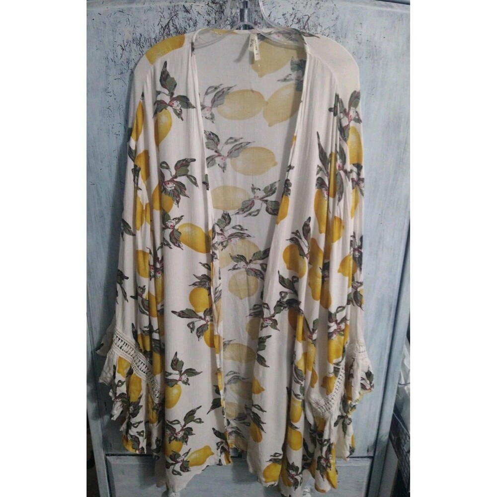Truth Flared Sleeve Midi Lemon Open Embroidered Cardigan Kimono Size 2x Boho